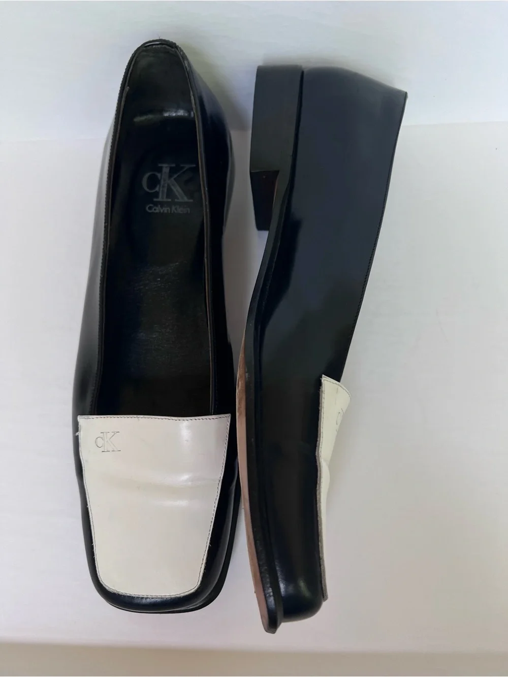 Calvin Klein Collection Black and White Square-Toe Slip-On Loafers